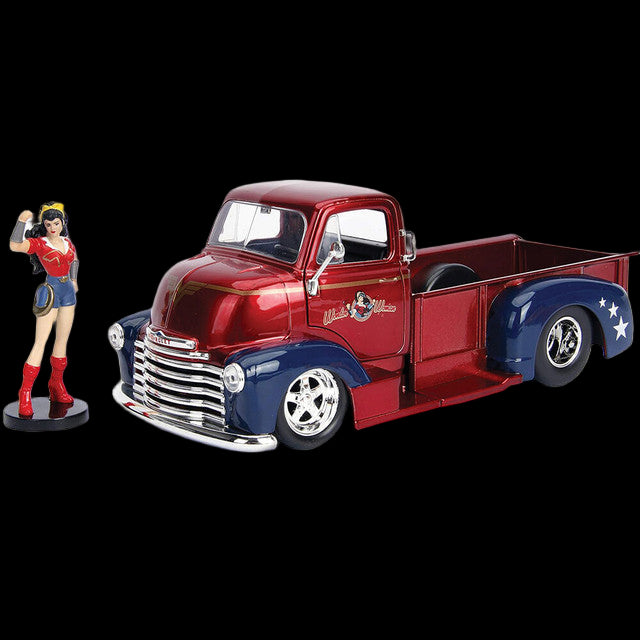 Wonder Woman themed red and blue die-cast pickup truck with mini Wonder Woman figure – DC Collectible