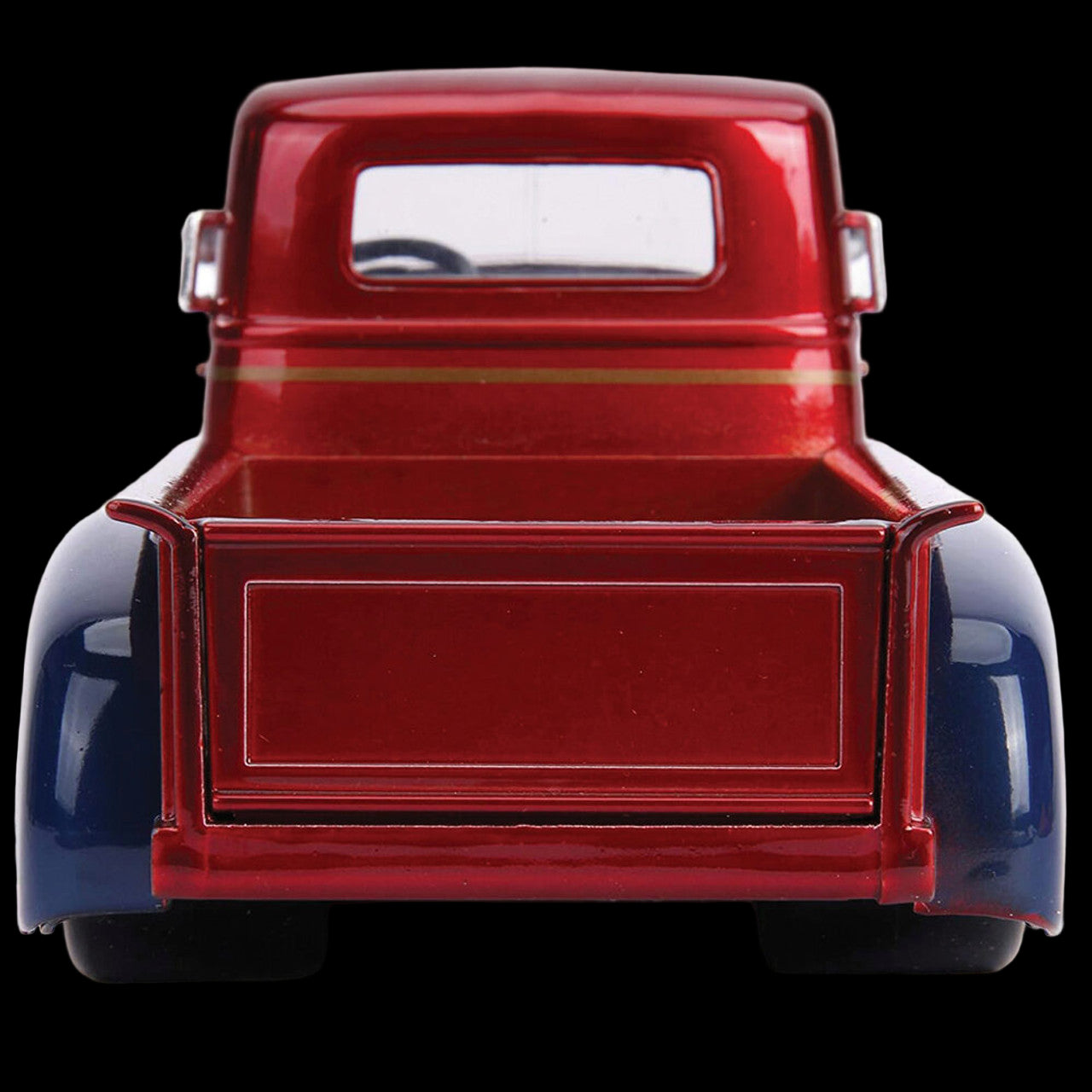 Rear view of Wonder Woman themed Chevrolet die-cast truck with red and blue paint design – DC Collectible
