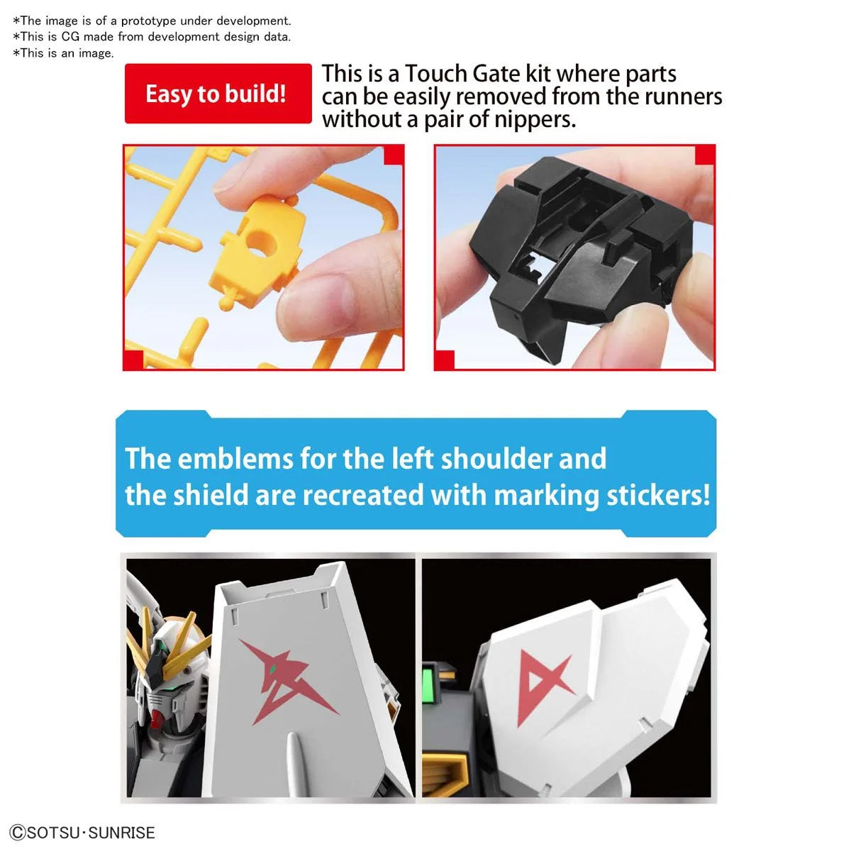 Bandai Hobby Gunpla Nu Gundam Entry Grade 1:144 features Touch Gate easy-build system and marking stickers for shoulder and shield emblems.