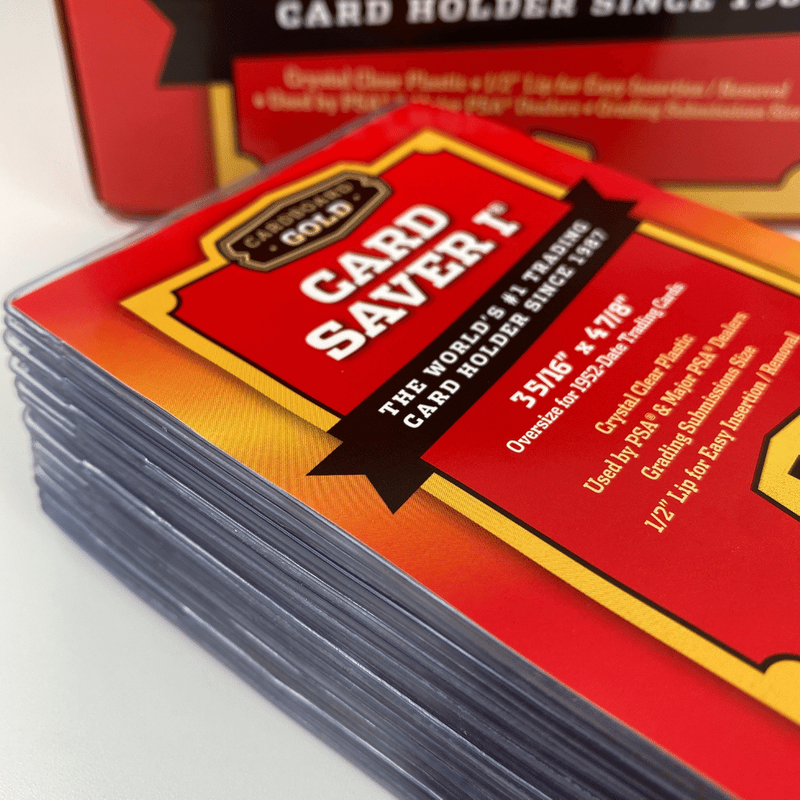 Close-up of Card Saver 1 semi-rigid card holders in 50-count retail pack – ideal for PSA grading and safe card storage
