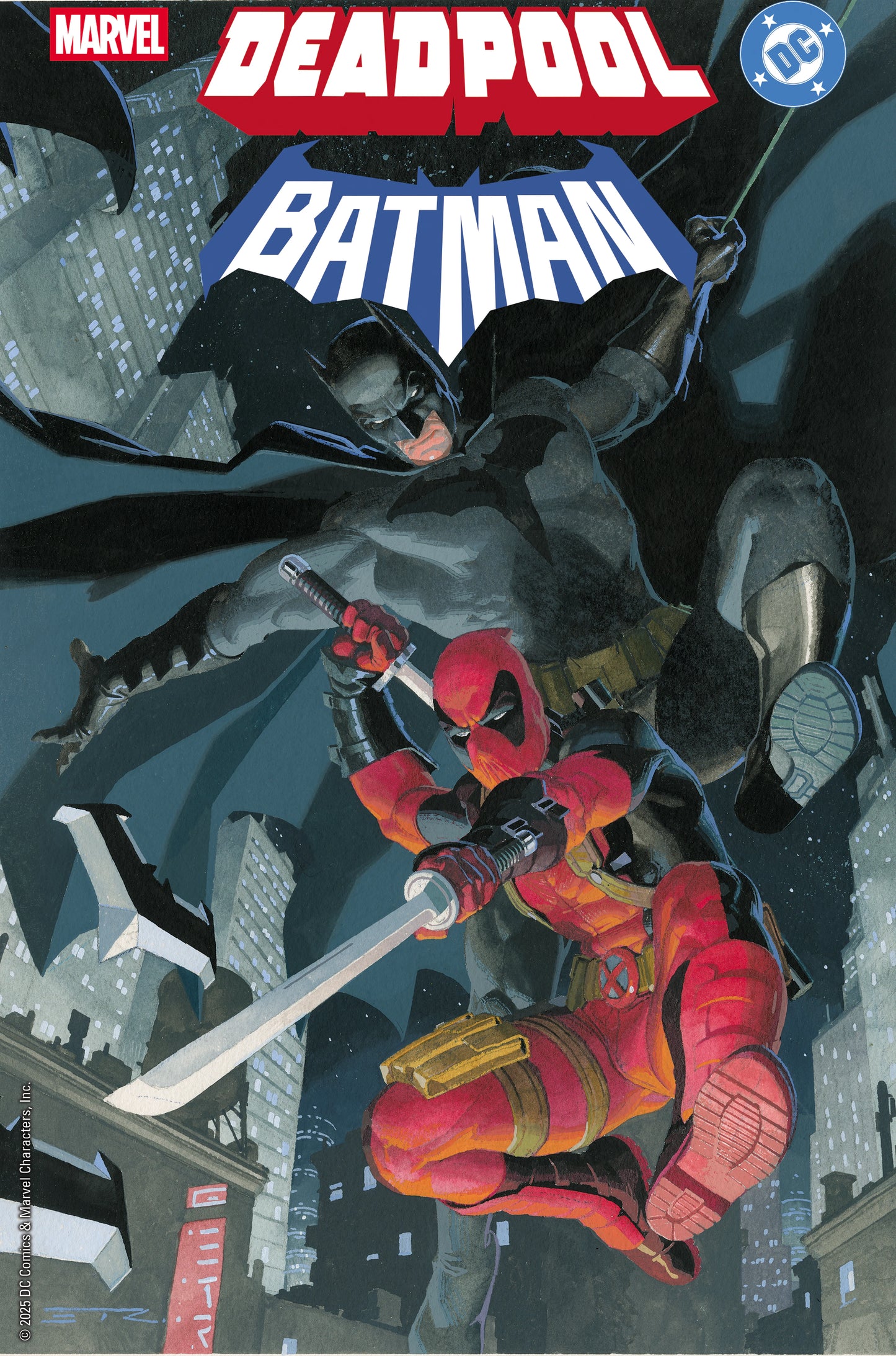 Deadpool/Batman #1 Esad Ribic Variant – Deadpool and Batman leaping into Gotham, Marvel/DC crossover
