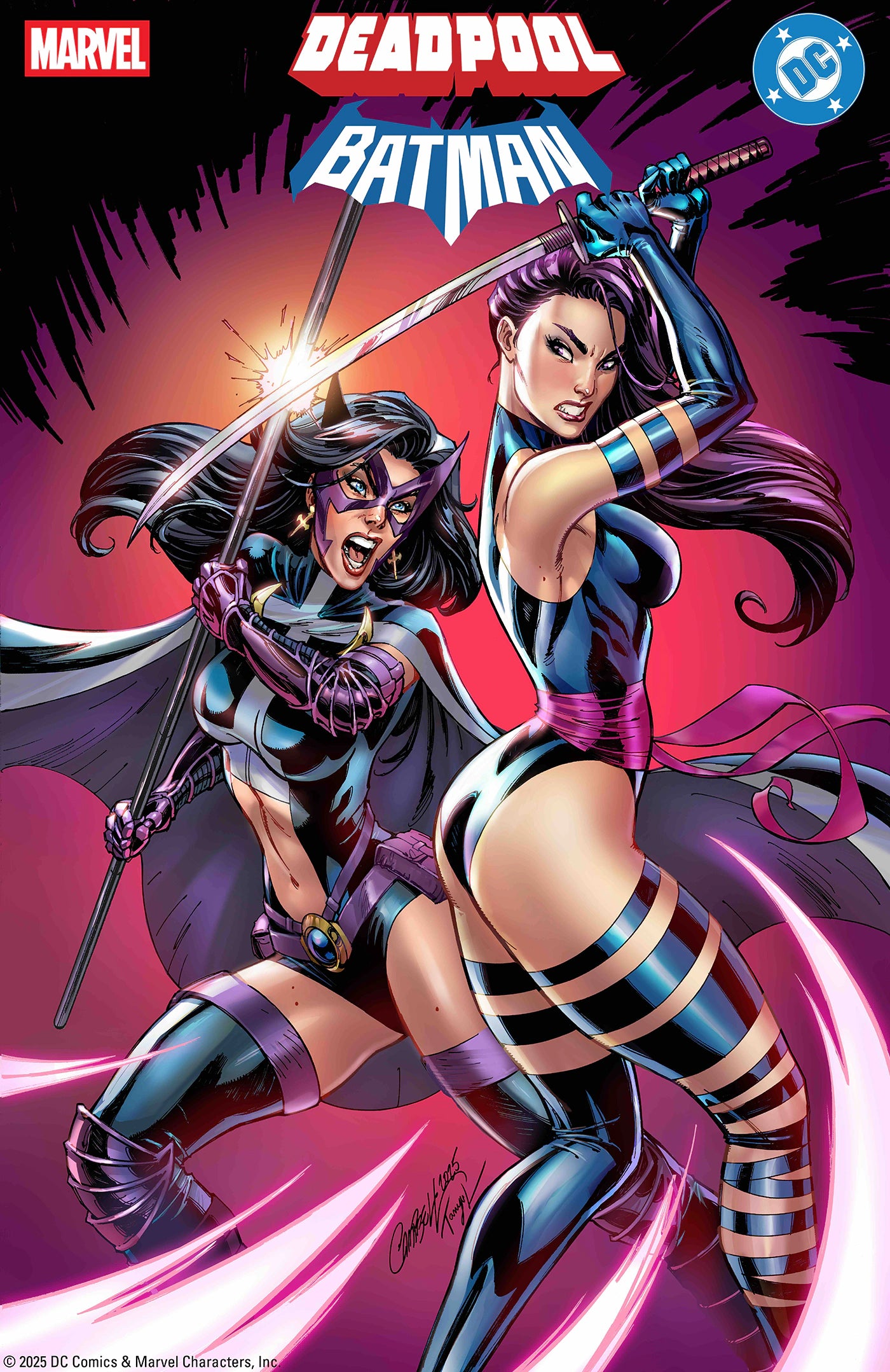 Deadpool/Batman #1 J. Scott Campbell Variant – Huntress vs Psylocke crossover cover, Marvel/DC comic