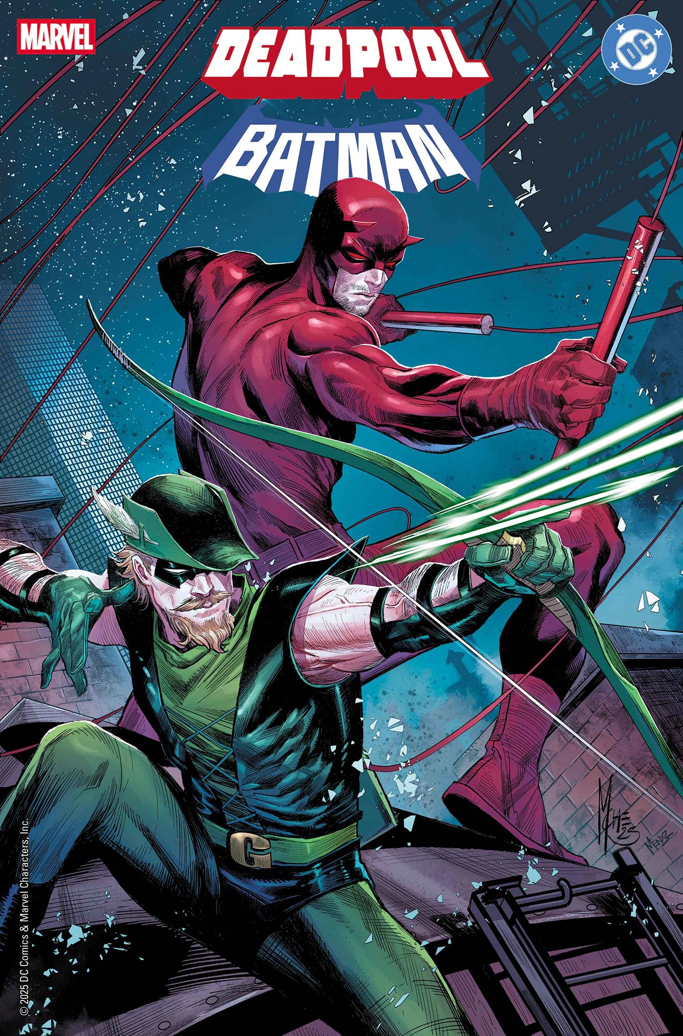 Deadpool/Batman #1 Marco Checchetto Variant – Daredevil and Green Arrow Gotham rooftop battle, Marvel/DC crossover