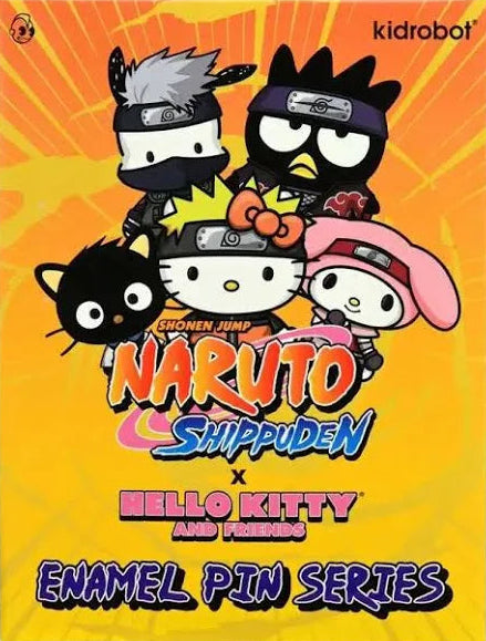 Front packaging of Naruto Shippuden x Hello Kitty and Friends enamel pin blind box by Kidrobot.