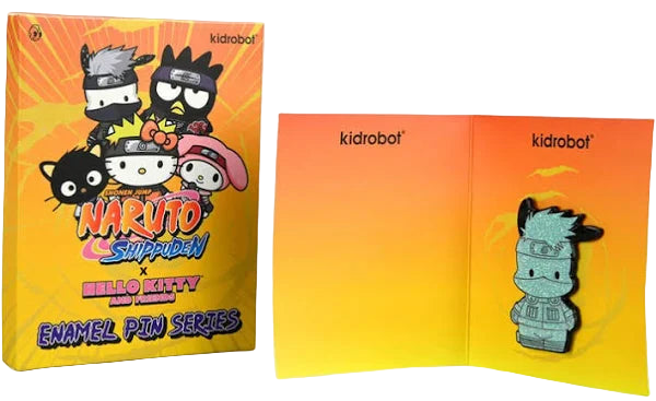 Open Naruto Shippuden x Hello Kitty enamel pin blind box with enamel pin displayed inside.
