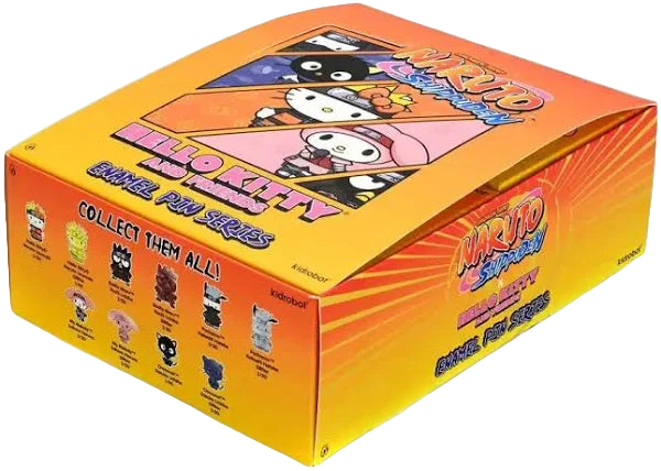 Side view of Naruto Shippuden x Hello Kitty enamel pin case box showing character art and collectible pin lineup.
