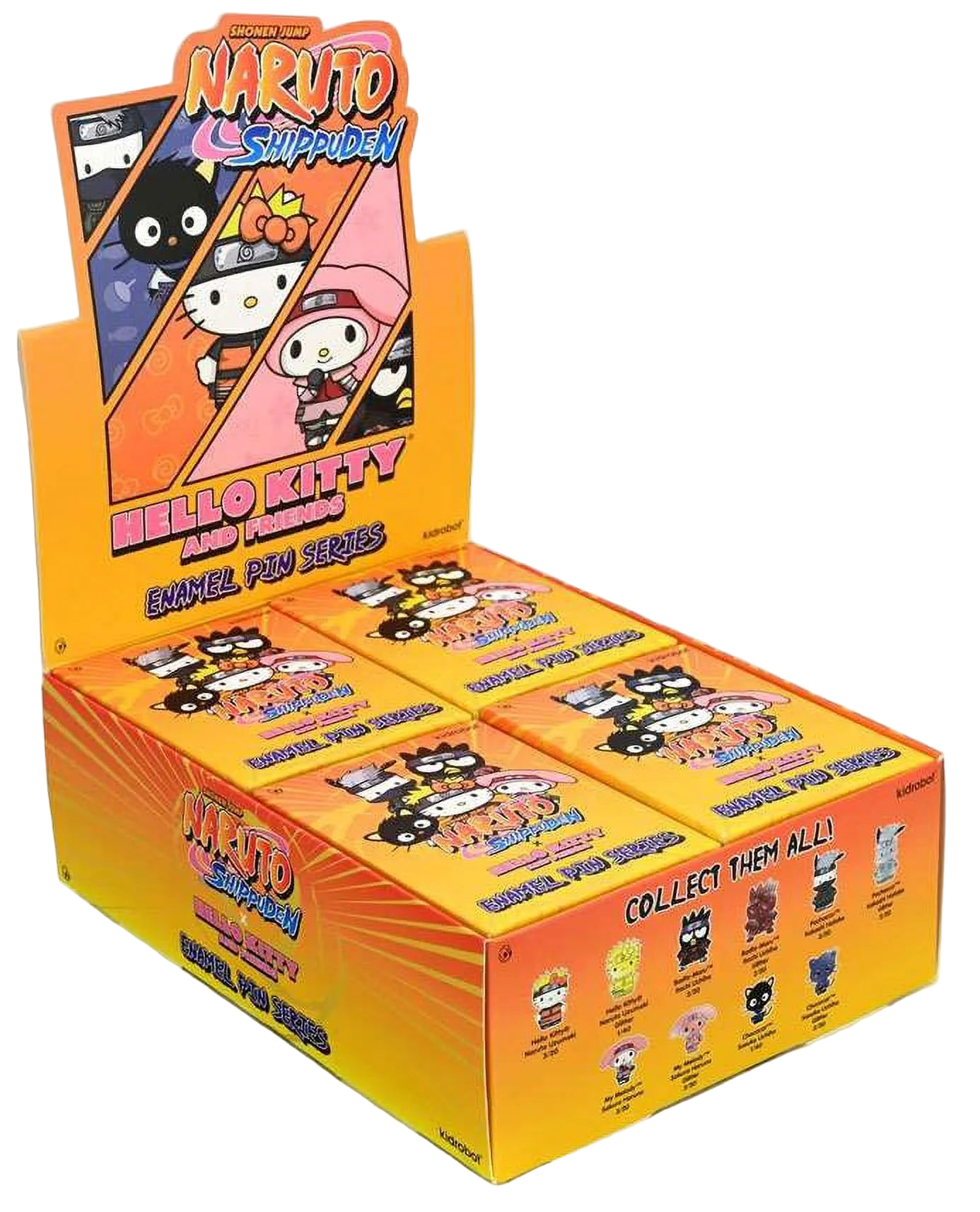 Naruto Shippuden x Hello Kitty enamel pin case display with multiple blind boxes arranged for retail presentation.