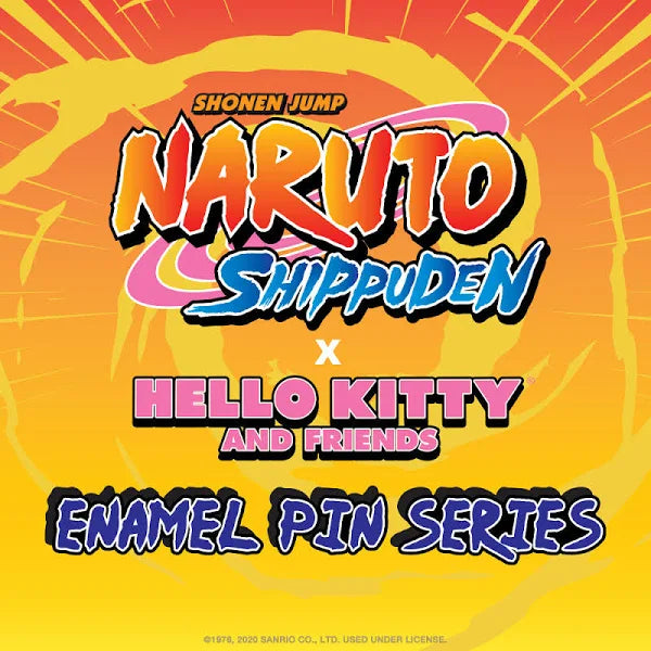 Naruto Shippuden x Hello Kitty and Friends enamel pin series logo on orange background.