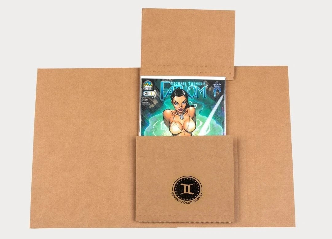 Gemini comic mailer partially folded around a bagged and boarded comic book, showing secure protective packaging design.