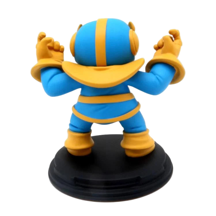 Rear view of Thanos Q-Fig diorama featuring his blue and gold armor and raised fists on a black display base.