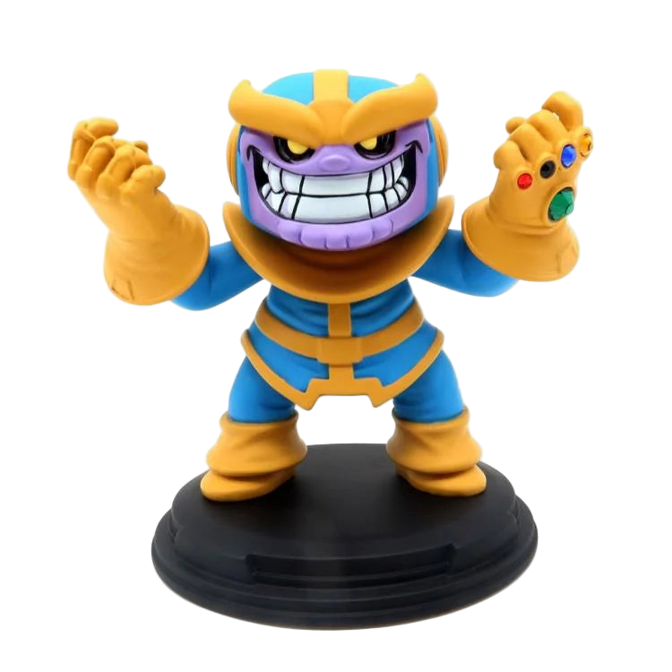 Front view of Thanos Q-Fig diorama with a wide grin, wearing the Infinity Gauntlet adorned with colorful gems.