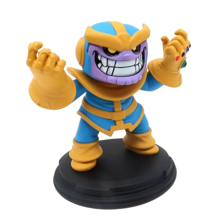 Right side angle of Thanos Q-Fig diorama highlighting his confident pose, gauntlet with Infinity Stones, and black base stand.