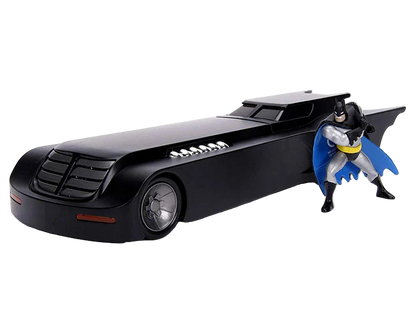 1:24 scale diecast Batmobile from Batman: The Animated Series by Hollywood Rides, featuring a detailed Batman figure, diecast body, and premium rubber tires.