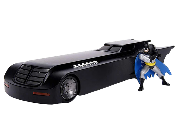 1:24 scale diecast Batmobile from Batman: The Animated Series by Hollywood Rides, featuring a detailed Batman figure, diecast body, and premium rubber tires.