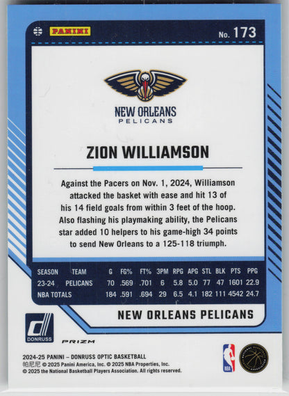 2024-25 Donruss Optic #173 Zion Williamson Green Seismic