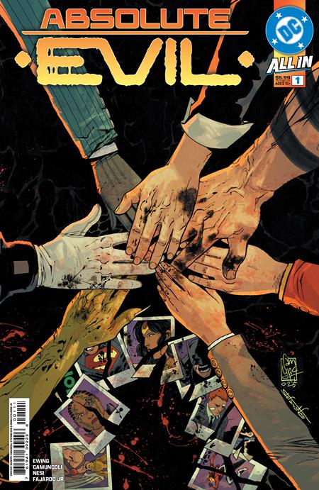Absolute Evil #1 (Single Issue) Cover A by Giuseppe Camuncoli & Stefano Nesi – DC Comics villains unite, hands stacked over photos, anniversary issue 2025