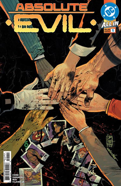 Absolute Evil #1 (Single Issue) Cover A by Giuseppe Camuncoli & Stefano Nesi – DC Comics villains unite, hands stacked over photos, anniversary issue 2025