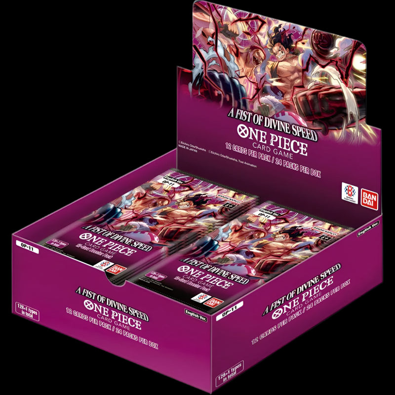 One Piece Card Game OP-11 A Fist of Divine Speed Booster Box sealed retail packaging featuring Monkey D. Luffy on the cover with dynamic gold and red artwork.