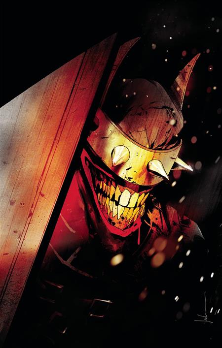 Cover of Batman Who Laughs HC – a twisted, grinning hybrid of Batman and Joker in chains and shadows, radiating menace.