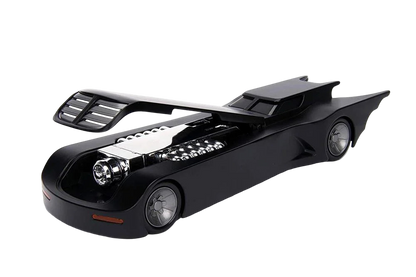 Batman The Animated Series Batmobile die-cast collectible with hood open showing detailed chrome engine – DC Collectible