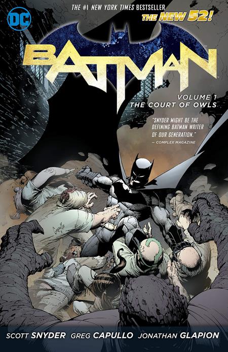 Cover of Batman Vol. 1: The Court of Owls TP – Batman surrounded by masked Court of Owls assassins in shadowy Gotham.