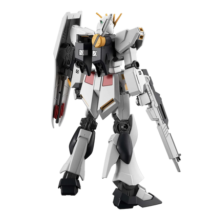 Rear view of Bandai Hobby Gunpla Nu Gundam Entry Grade 1:144 model kit showing thrusters, backpack, and shield detail.