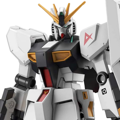 Close-up of Bandai Hobby Gunpla Nu Gundam Entry Grade 1:144 model kit head and torso showing armor and detailing.