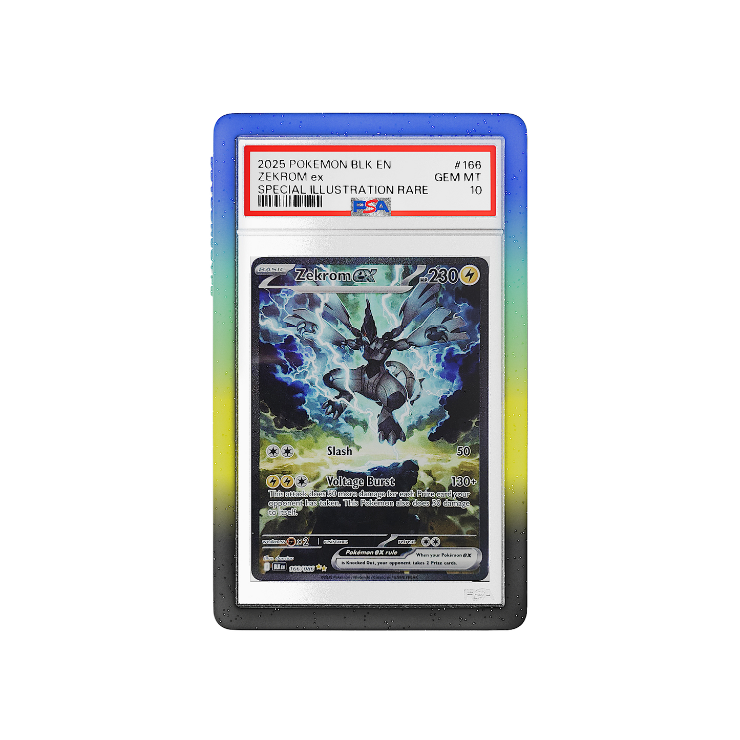 Front and back view of a PSA slab in Mythic Aftershock Dragonscale bumper guard,featuring a Zekrom ex Black Bolt PSA 10 Pokemon card.