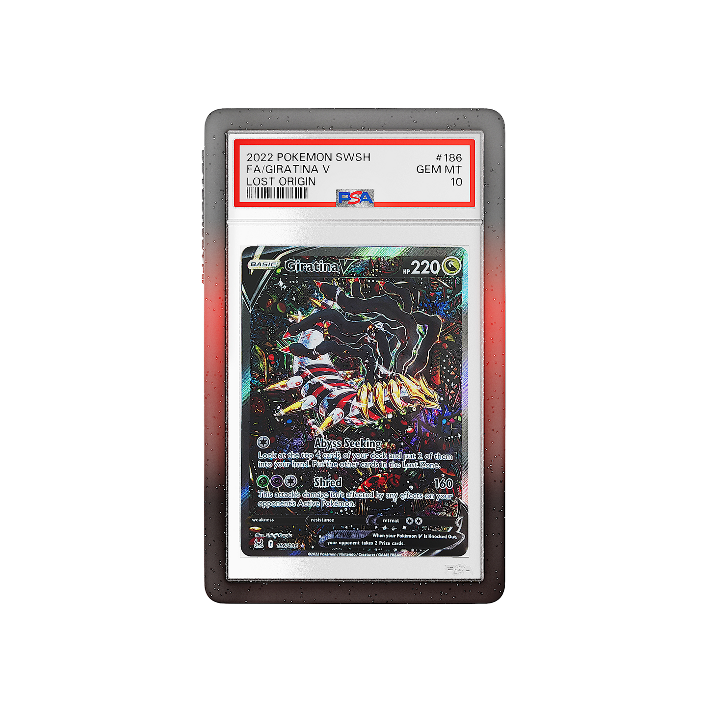 Front and back view of a PSA slab in Mythic Corruption Dragonscale bumper guard,featuring a Giratina V Lost Origin PSA 10 Pokemon card.