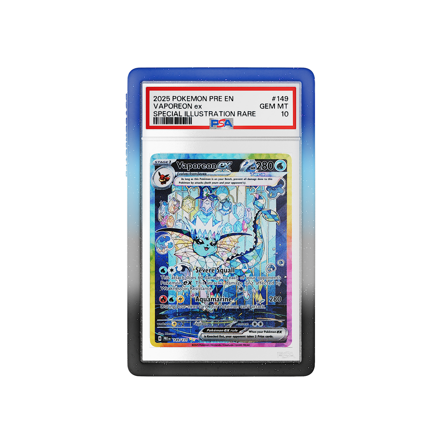 Front and back view of a PSA slab in Mythic Moonveil Dragonscale bumper guard,featuring a Vaporeon ex Prismatic Evolutions PSA 10 Pokemon card.