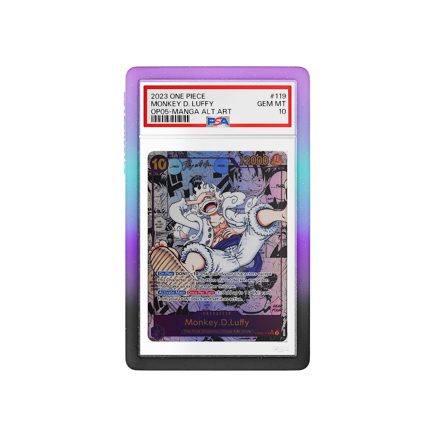 Front and back view of a PSA slab in Mythic Neotokyo Dragonscale bumper guard,featuring a Monkey D. Luffy Manga Alternate Art OP05-119 PSA 10 Pokemon card.