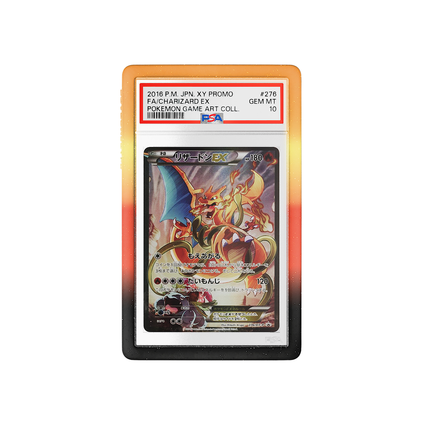 Front and back view of a PSA slab in Mythic Overheat Dragonscale bumper guard, featuring a Charizard Ex Japanese XY Promos PSA 10 Pokemon card.