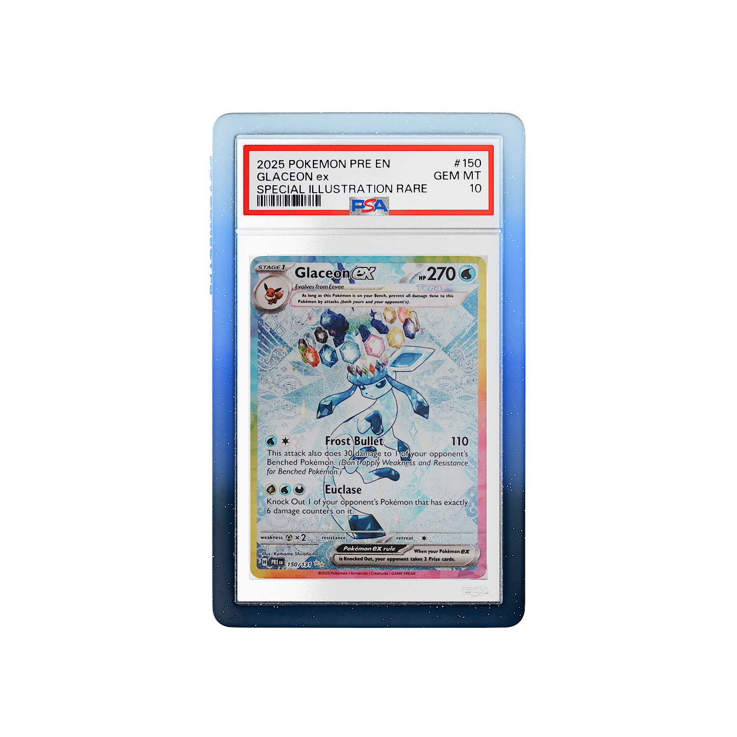 Front and back view of a PSA slab in Mythic Permafrost Dragonscale bumper guard, featuring a Glaceon Ex Prismatic Evolution PSA 10 Pokemon card.