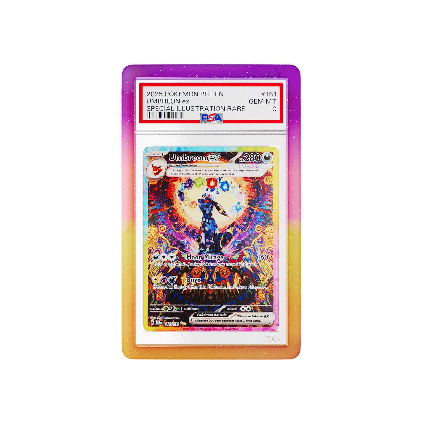 Front and back view of a PSA slab in Mythic Supernova Dragonscale bumper guard, featuring a Umbreon Ex Prismatic Evolution PSA 10 Pokemon card.