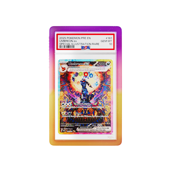 Front and back view of a PSA slab in Mythic Supernova Dragonscale bumper guard, featuring a Umbreon Ex Prismatic Evolution PSA 10 Pokemon card.