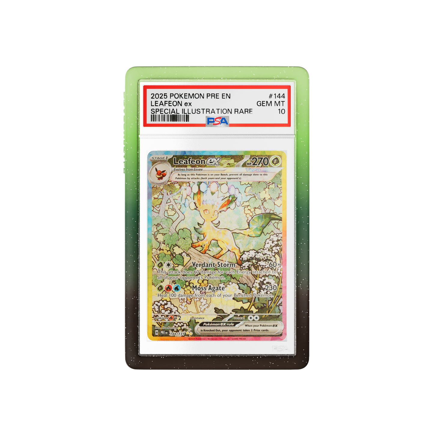 Front and back view of a PSA slab in Mythic Wildbloom Dragonscale bumper guard,featuring a Leafeon Ex Prismatic Evolution PSA 10 Pokemon card.