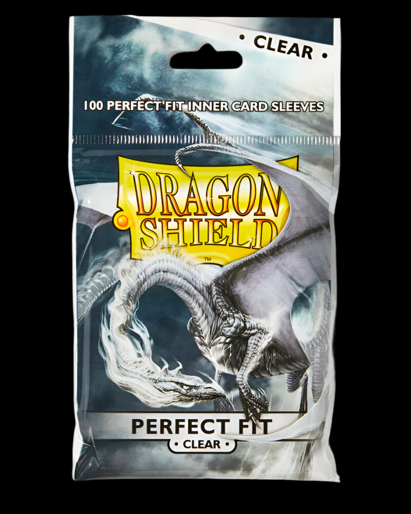 Dragon Shield Perfect Fit Inner Card Sleeves – Clear (100ct pack) featuring a white dragon with swirling mist on the packaging. Branding and product details prominently displayed.