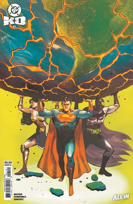 DC K.O. #1 (of 5) Cover F Mike Del Mundo card stock variant – Superman, Wonder Woman, and Batman lifting a cracked Earth against a yellow backdrop, DC Comics 2025 event