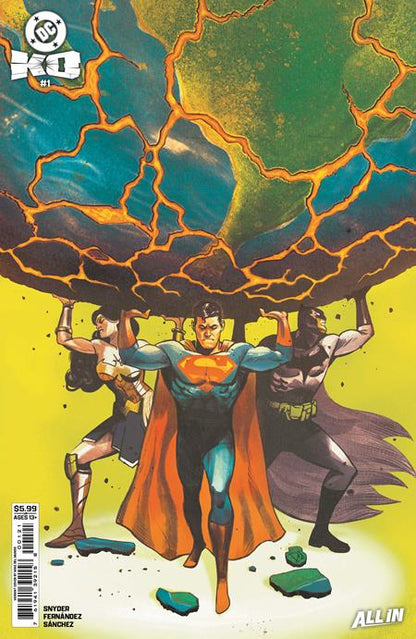 DC K.O. #1 (of 5) Cover F Mike Del Mundo card stock variant – Superman, Wonder Woman, and Batman lifting a cracked Earth against a yellow backdrop, DC Comics 2025 event
