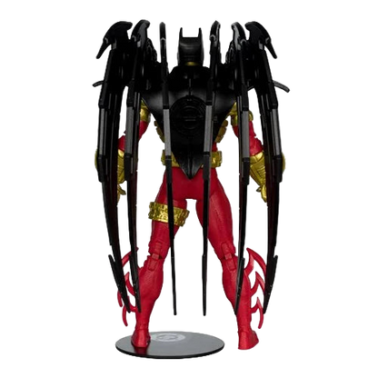 Rear view of McFarlane DC Multiverse Azrael Batman Knightquest 7-inch action figure showing mechanical wings and detailed armor plating.