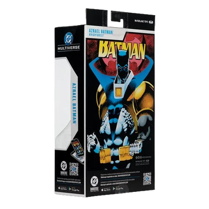 Back view of McFarlane DC Multiverse Azrael Batman Knightquest 7-inch action figure packaging showing comic artwork and bio layout.