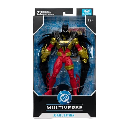 Front view of McFarlane DC Multiverse Azrael Batman Knightquest 7-inch action figure packaging showing figure and accessories.
