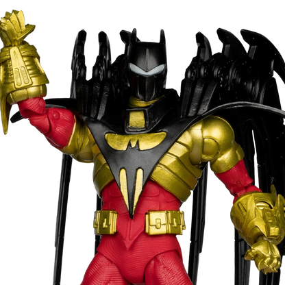 Close-up of McFarlane DC Multiverse Azrael Batman Knightquest 7-inch action figure showing detailed red and gold armor and bat crest.