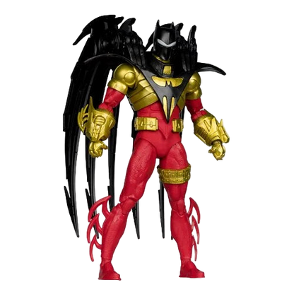 McFarlane DC Multiverse Azrael Batman Knightquest 7-inch action figure in angled dynamic pose showing red and gold armor with extended wings.