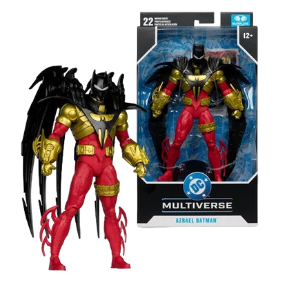 McFarlane DC Multiverse Azrael Batman Knightquest 7-inch action figure posed beside retail packaging with gold and red armor visible.