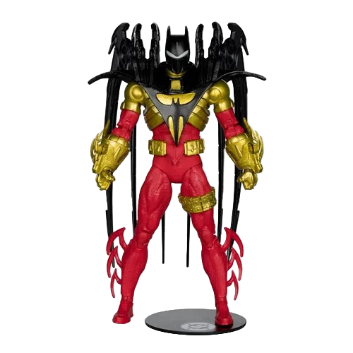 McFarlane DC Multiverse Azrael Batman Knightquest 7-inch action figure front pose showing red and gold armored design with winged gauntlets.