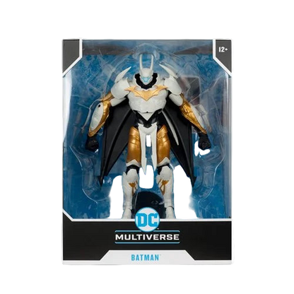 Front view of McFarlane DC Multiverse Batman Final Batsuit 10-inch MegaFig inside retail packaging with DC logo and window display.
