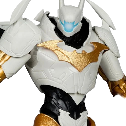 McFarlane DC Multiverse Batman Final Batsuit 10-inch MegaFig close-up of chest armor and illuminated blue eyes with gold bat emblem detail.