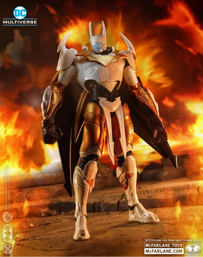 Front view of McFarlane DC Multiverse Batman Final Batsuit 10-inch MegaFig from Justice League: The Sixth Dimension, standing heroically with flames and rubble in the background.