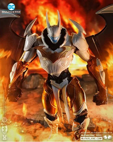 Promotional artwork of McFarlane DC Multiverse Batman Final Batsuit 10-inch MegaFig from Justice League: The Sixth Dimension, surrounded by fire and molten rock.